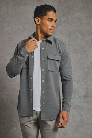 Woven Popper Overshirt in Grey Marl