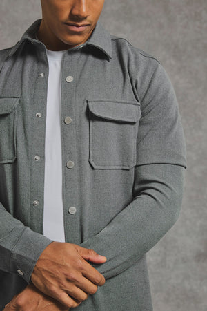 Woven Popper Overshirt in Grey Marl