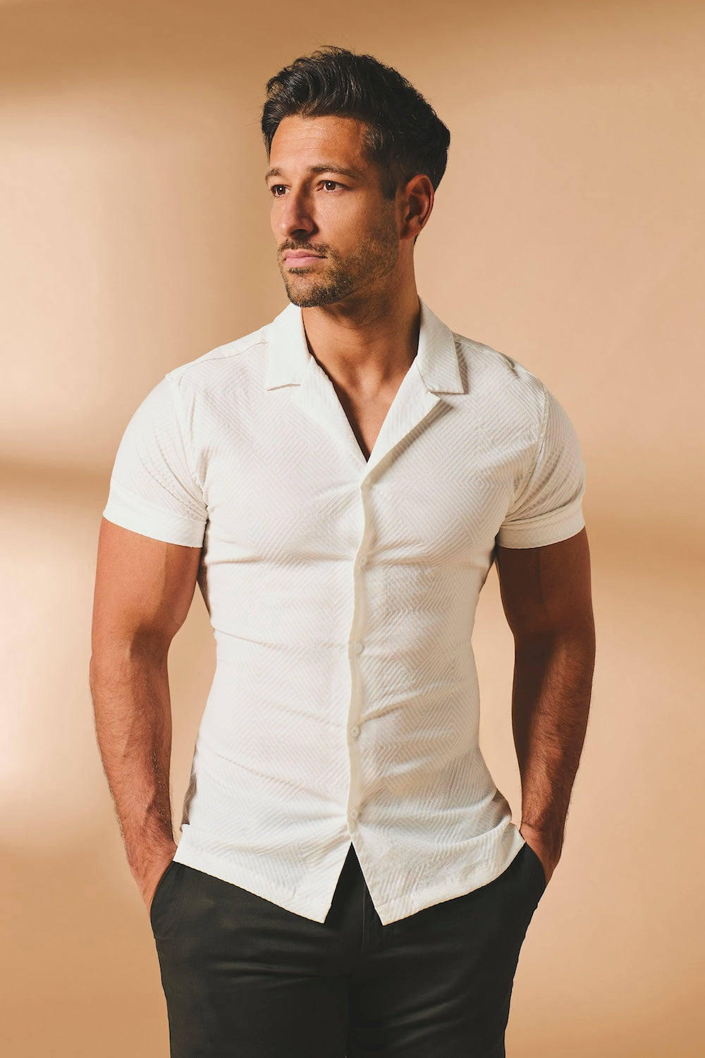 Woven Textured Cuban Collar Shirt in White