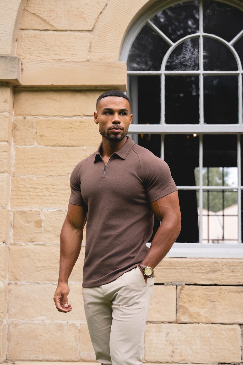 Zip Neck Polo Shirt in Mocha