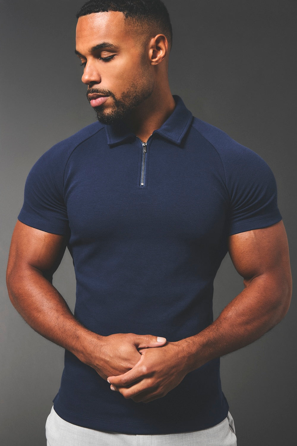 Zip Neck Polo Shirt in Navy