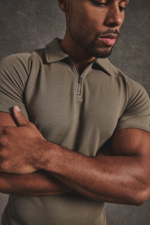 Zip Neck Polo Shirt in Smoky Khaki