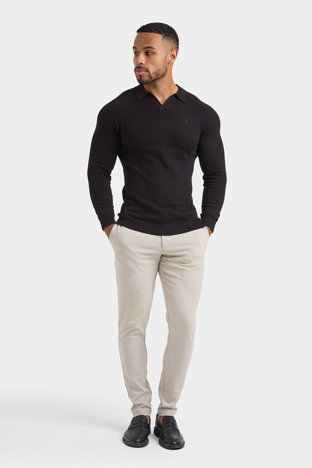 Buttonless Open Collar Knitted Polo Shirt in Black - TAILORED ATHLETE - ROW