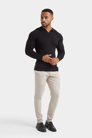 Buttonless Open Collar Knitted Polo Shirt in Black - TAILORED ATHLETE - ROW