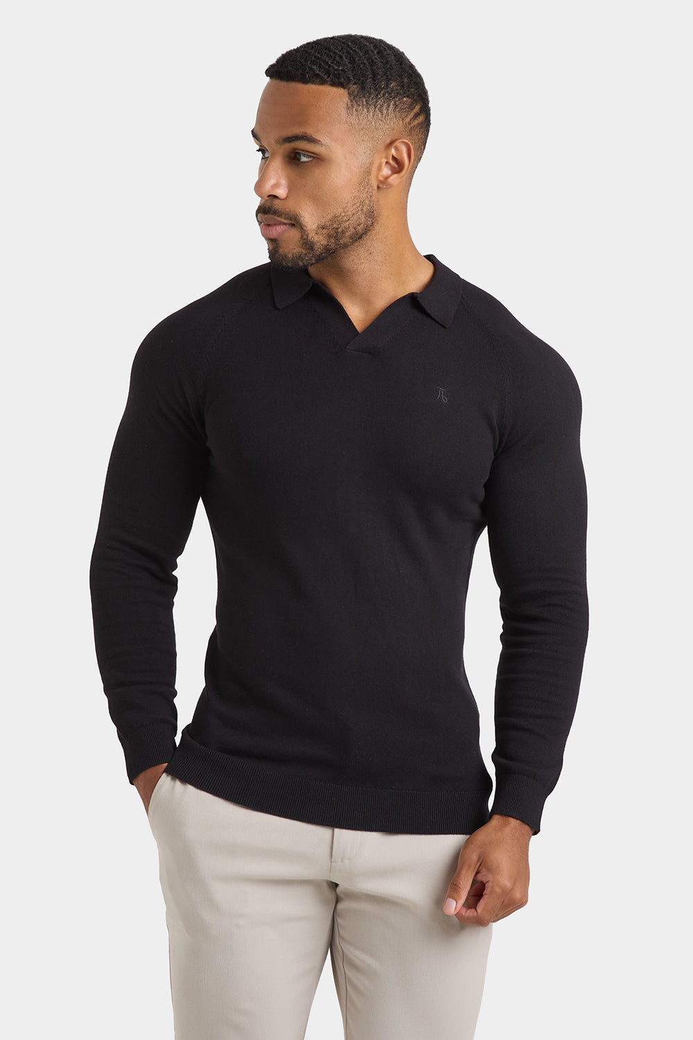 Buttonless Open Collar Knitted Polo Shirt in Black - TAILORED ATHLETE - ROW