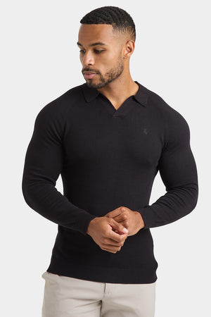 Buttonless Open Collar Knitted Polo Shirt in Black - TAILORED ATHLETE - ROW