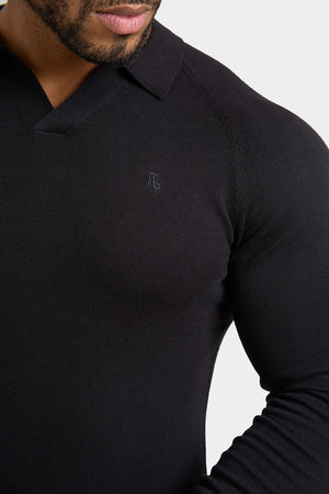 Buttonless Open Collar Knitted Polo Shirt in Black - TAILORED ATHLETE - ROW