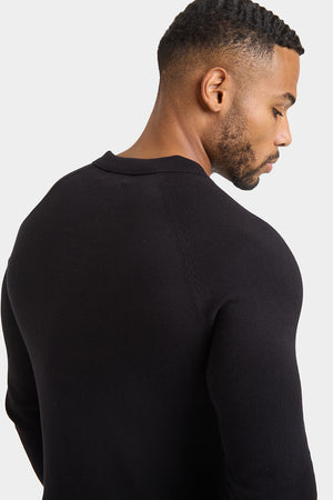 Buttonless Open Collar Knitted Polo Shirt in Black - TAILORED ATHLETE - ROW