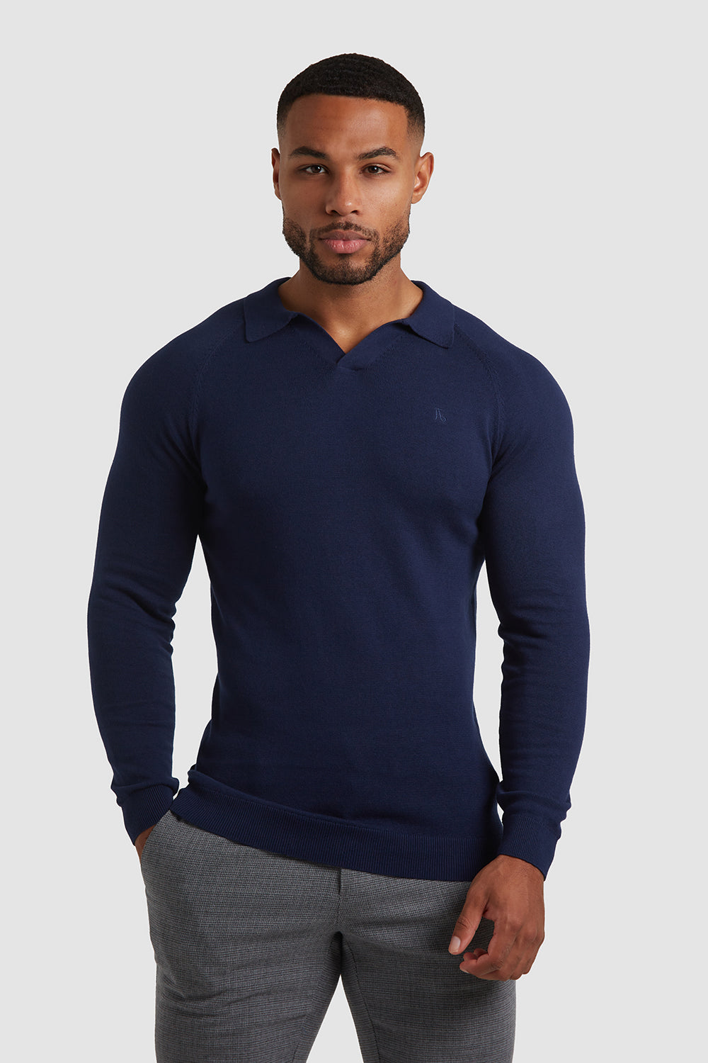 Buttonless Open Collar Polo Shirt (LS) in Navy - TAILORED ATHLETE - ROW