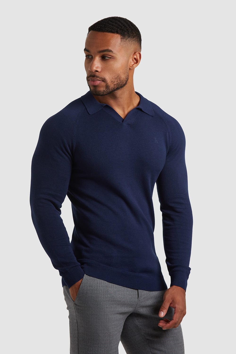 Buttonless Open Collar Polo Shirt in Navy