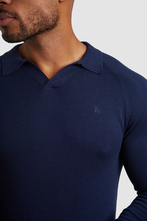 Buttonless Open Collar Polo Shirt in Navy - TAILORED ATHLETE - ROW