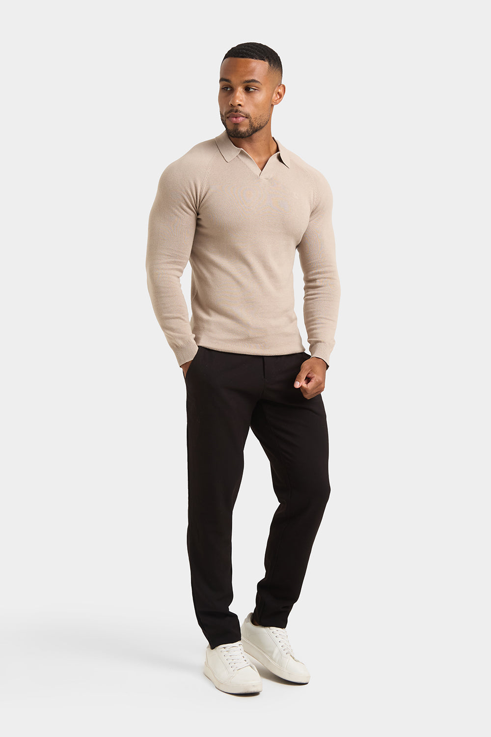 Buttonless Open Collar Knitted Polo Shirt in Neutral - TAILORED ATHLETE - ROW