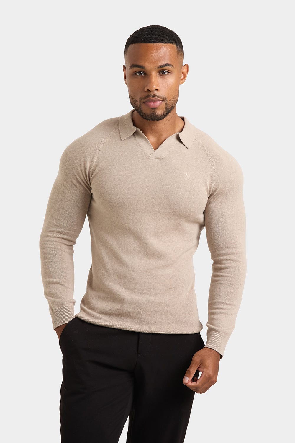 Buttonless Open Collar Knitted Polo Shirt in Neutral