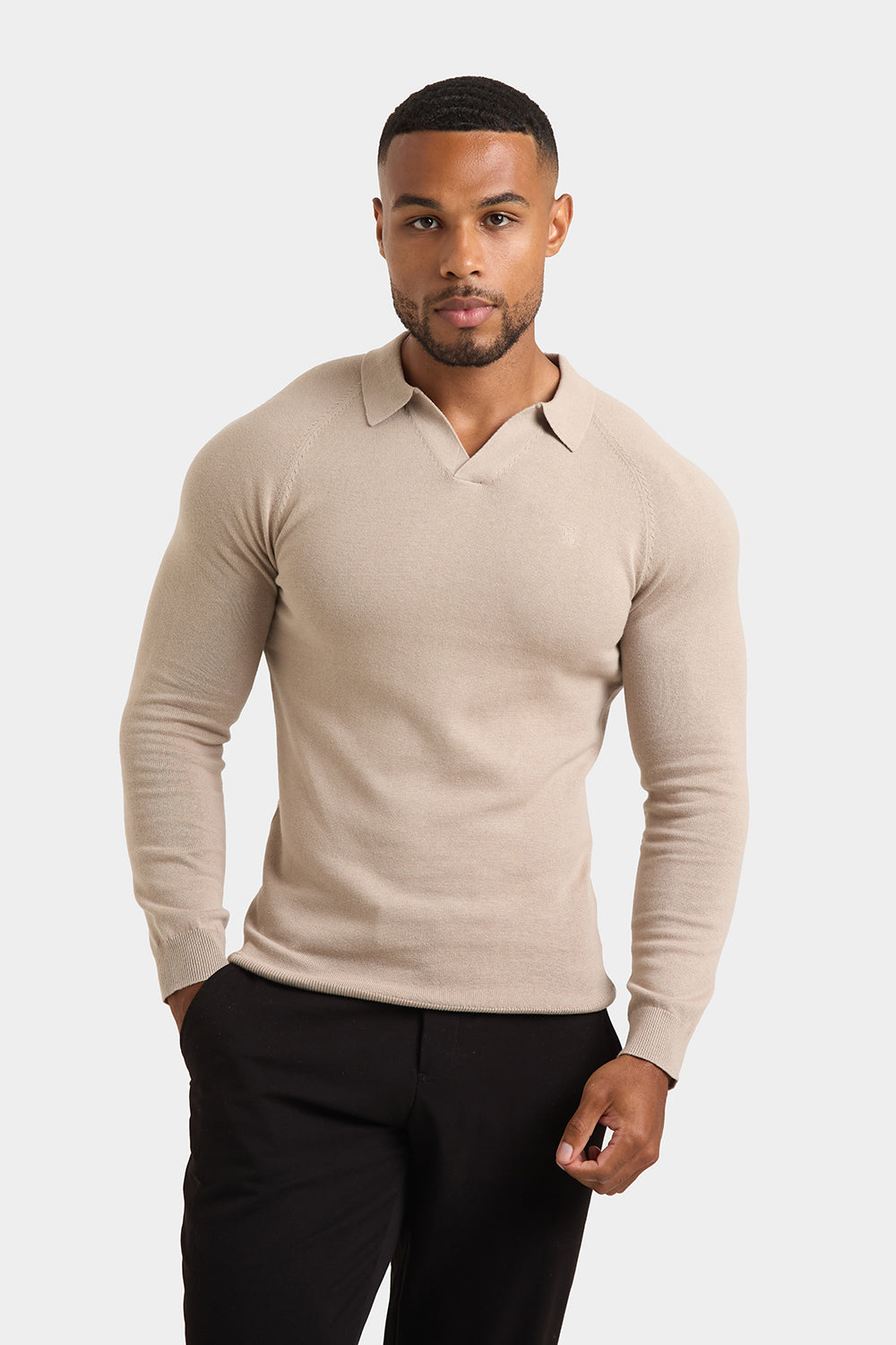 Buttonless Open Collar Knitted Polo Shirt in Neutral - TAILORED ATHLETE - ROW