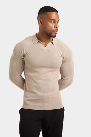 Buttonless Open Collar Knitted Polo Shirt in Neutral - TAILORED ATHLETE - ROW