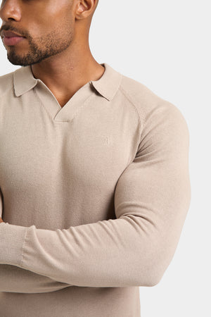 Buttonless Open Collar Knitted Polo Shirt in Neutral - TAILORED ATHLETE - ROW