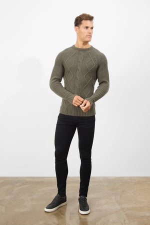 Wool Blend Chunky Cable Crew Neck in Khaki - TAILORED ATHLETE - ROW