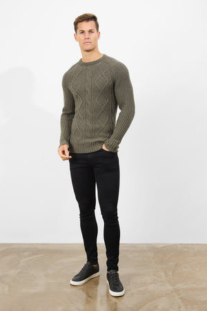 Wool Blend Chunky Cable Crew Neck in Khaki - TAILORED ATHLETE - ROW