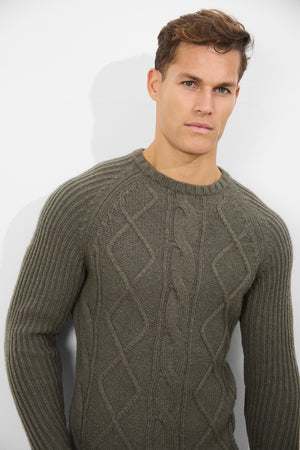 Wool Blend Chunky Cable Crew Neck in Khaki - TAILORED ATHLETE - ROW