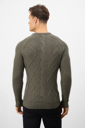 Wool Blend Chunky Cable Crew Neck in Khaki - TAILORED ATHLETE - ROW