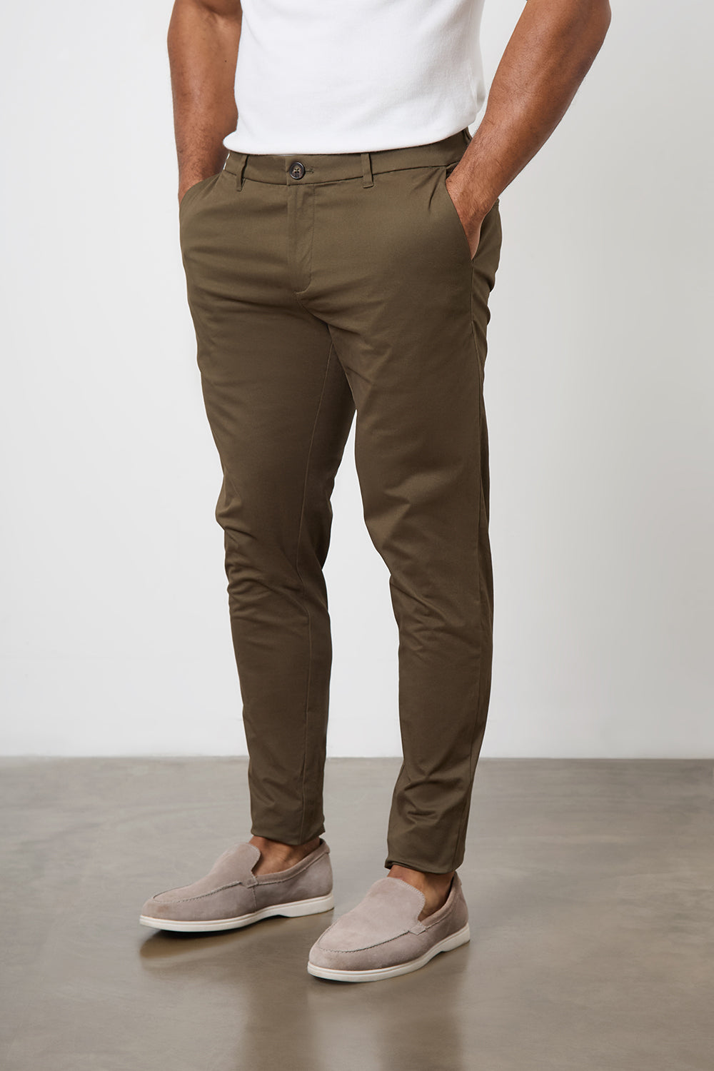 Muscle Fit Cotton Stretch Chino Trousers in Khaki - TAILORED ATHLETE - ROW