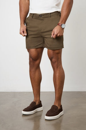 Muscle Fit Chino Shorts - Shorter Length in Khaki - TAILORED ATHLETE - ROW