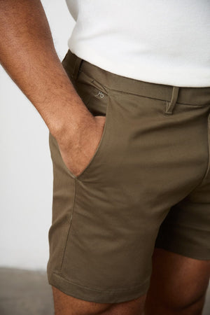 Muscle Fit Chino Shorts - Shorter Length in Khaki - TAILORED ATHLETE - ROW