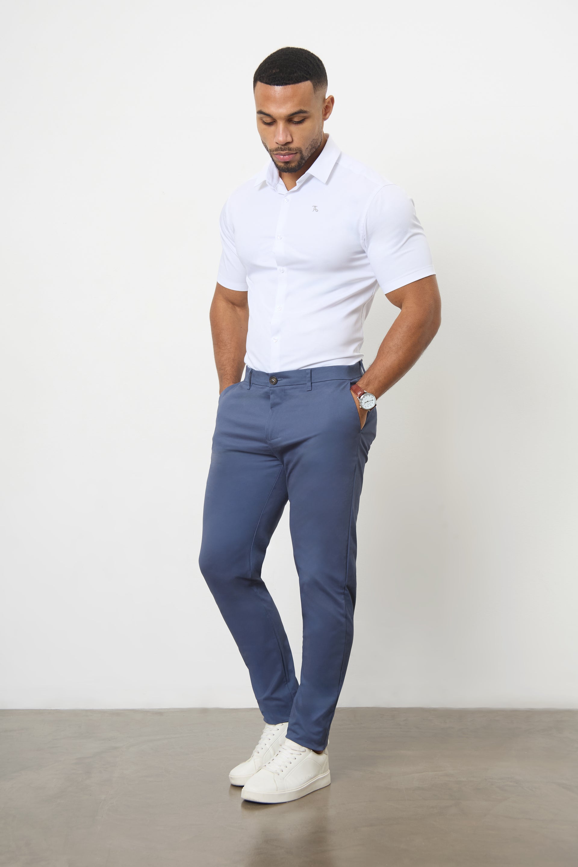 Muscle Fit Cotton Stretch Chino Trouser in Airforce - TAILORED ATHLETE - ROW