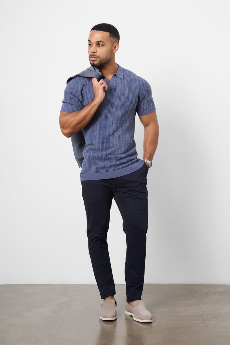 Cotton Textured Open Collar Knitted Polo Shirt in Slate Blue - TAILORED ATHLETE - ROW