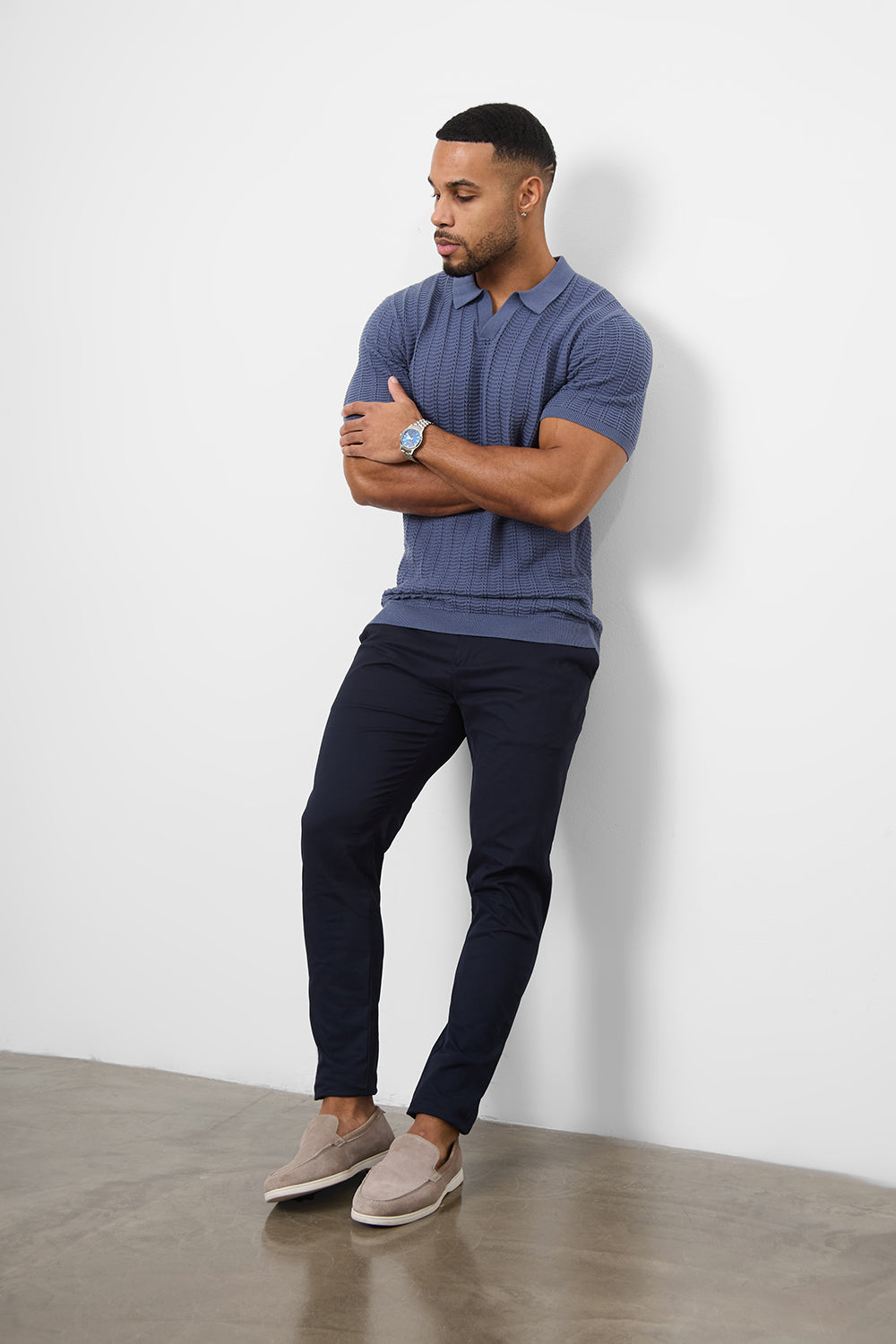 Textured Open Collar Knitted Polo Shirt in Slate Blue - TAILORED ATHLETE - ROW