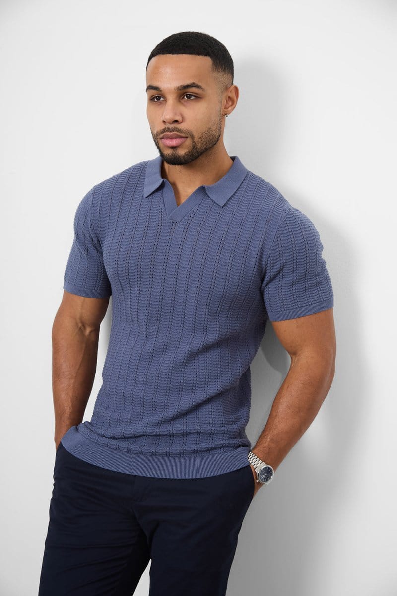Cotton Textured Open Collar Knitted Polo Shirt in Slate Blue - TAILORED ATHLETE - ROW