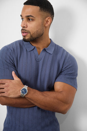 Textured Open Collar Knitted Polo Shirt in Slate Blue - TAILORED ATHLETE - ROW