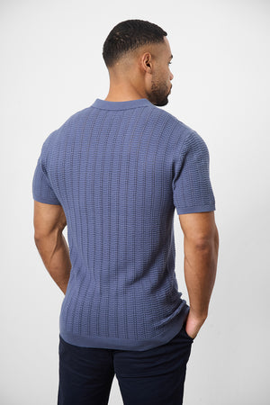 Textured Open Collar Knitted Polo Shirt in Slate Blue - TAILORED ATHLETE - ROW