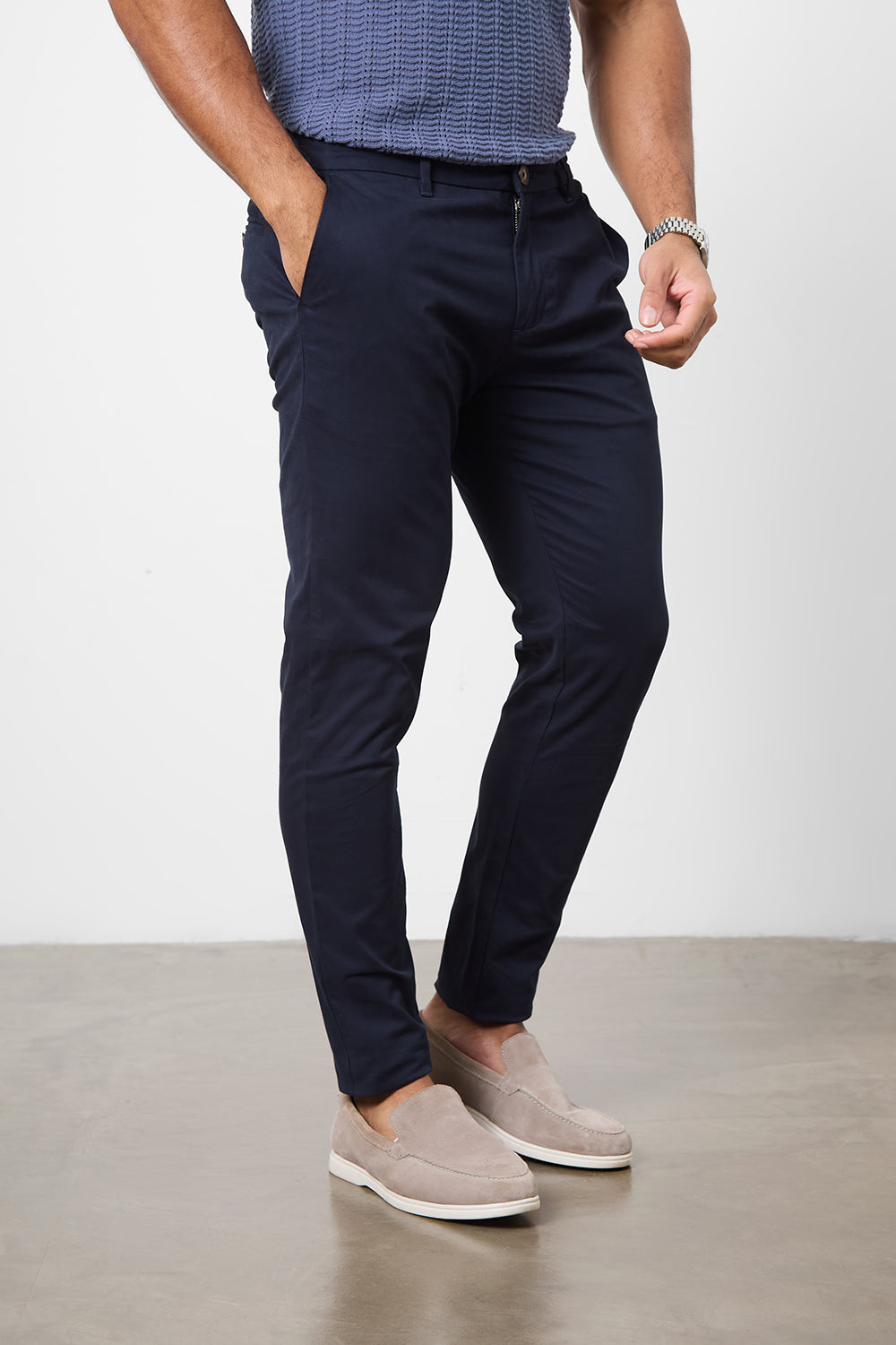 Muscle Fit Cotton Stretch Chino Trouser in Navy - TAILORED ATHLETE - ROW