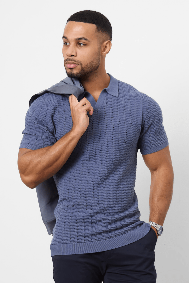 Cotton Textured Open Collar Knitted Polo Shirt in Slate Blue - TAILORED ATHLETE - ROW