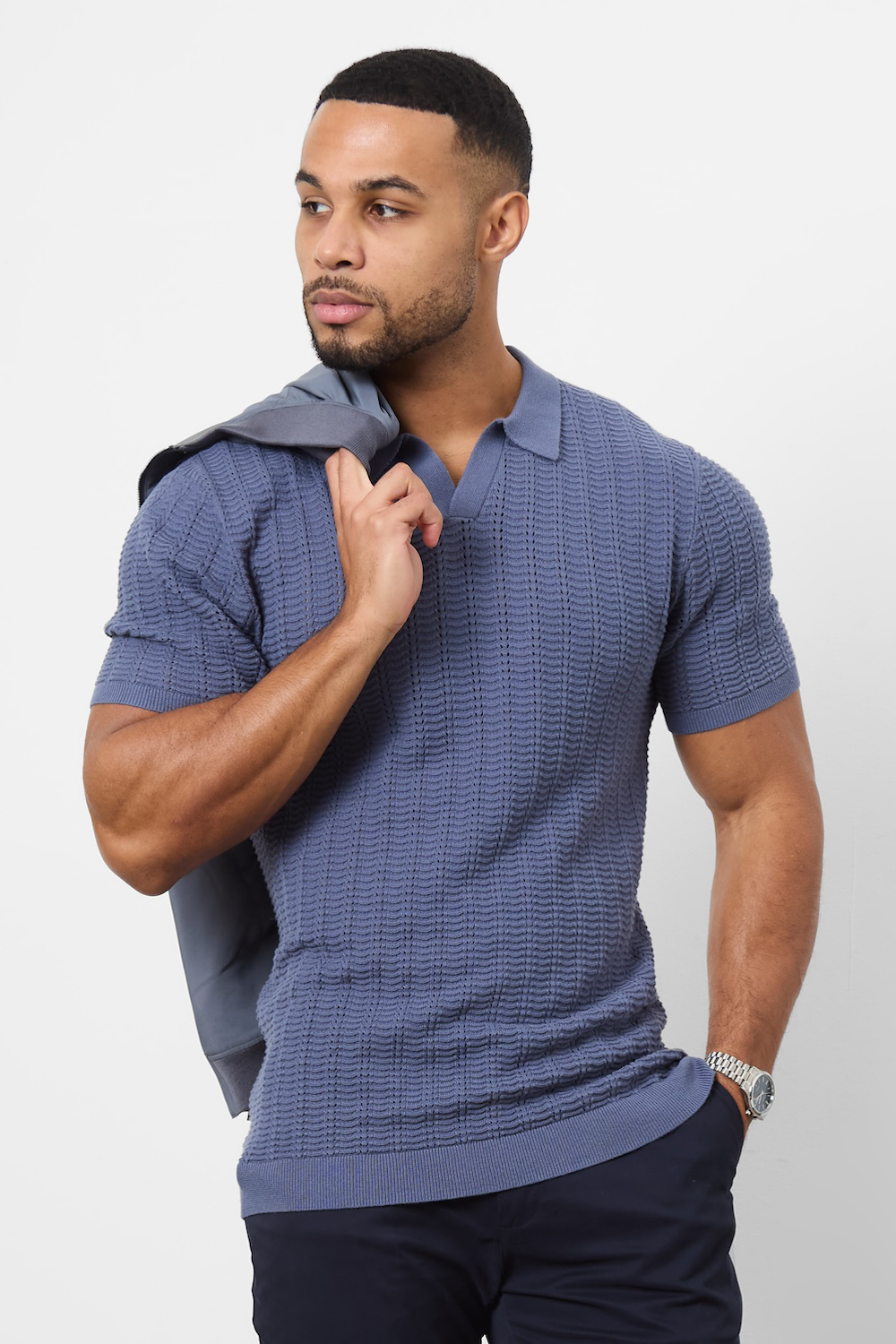 Textured Open Collar Knitted Polo Shirt in Slate Blue - TAILORED ATHLETE - ROW