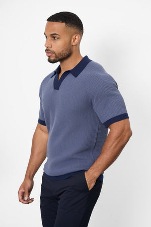 Contrast Textured Knitted Polo Shirt in Slate Blue - TAILORED ATHLETE - ROW