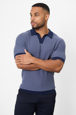 Contrast Textured Knitted Polo Shirt in Slate Blue - TAILORED ATHLETE - ROW