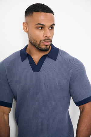 Contrast Textured Knitted Polo Shirt in Slate Blue - TAILORED ATHLETE - ROW