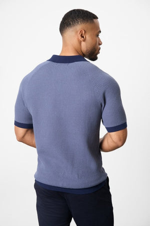 Contrast Textured Knitted Polo Shirt in Slate Blue - TAILORED ATHLETE - ROW