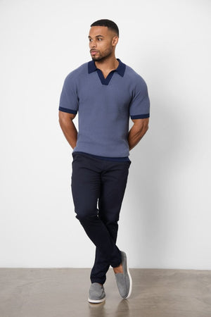 Contrast Textured Knitted Polo Shirt in Slate Blue - TAILORED ATHLETE - ROW