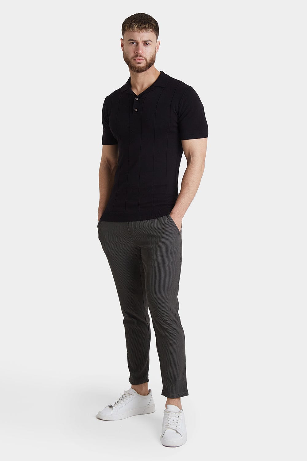 Ribbed Knitted Polo in Black