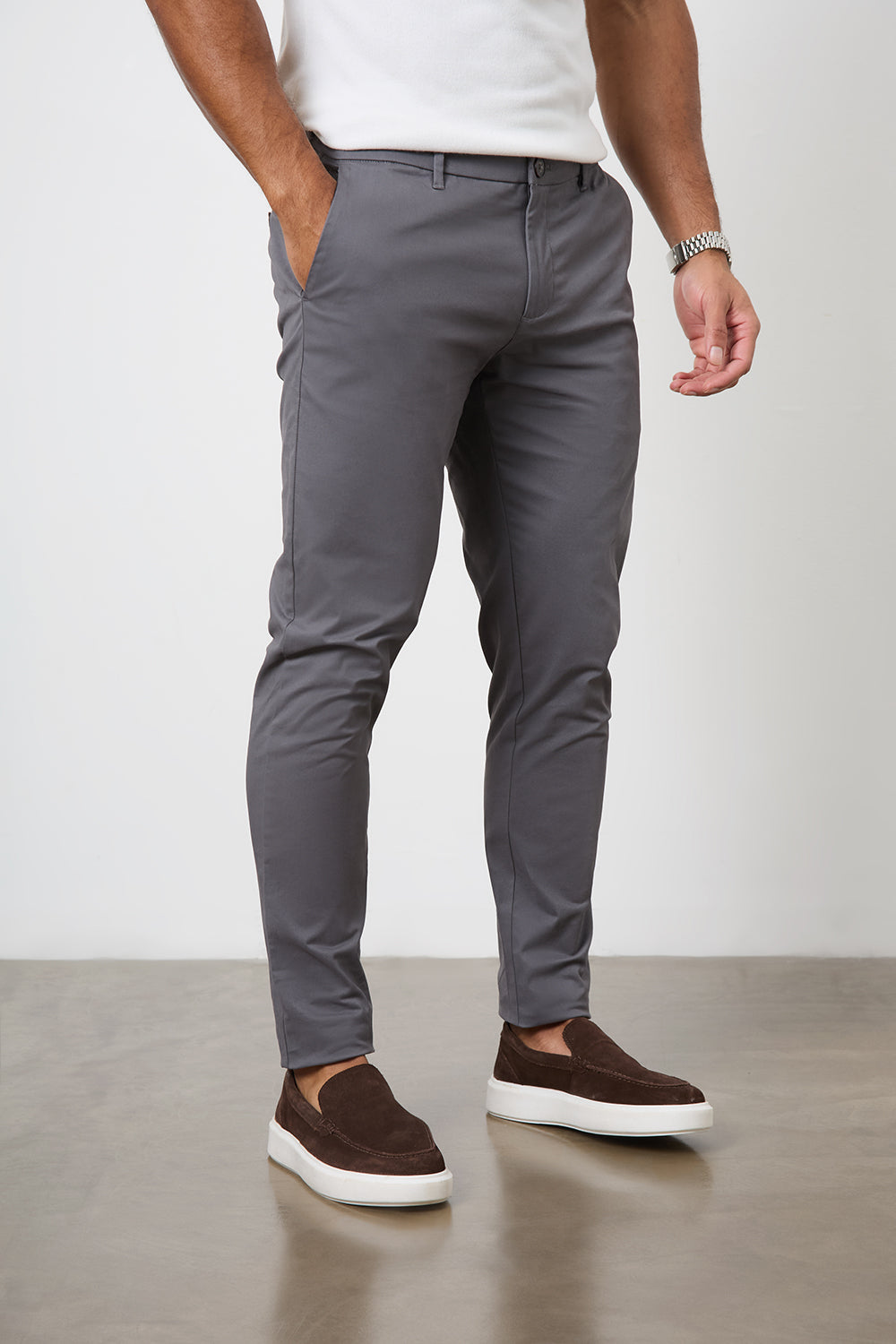 Muscle Fit Cotton Stretch Chino Trouser in Dark Grey - TAILORED ATHLETE - ROW