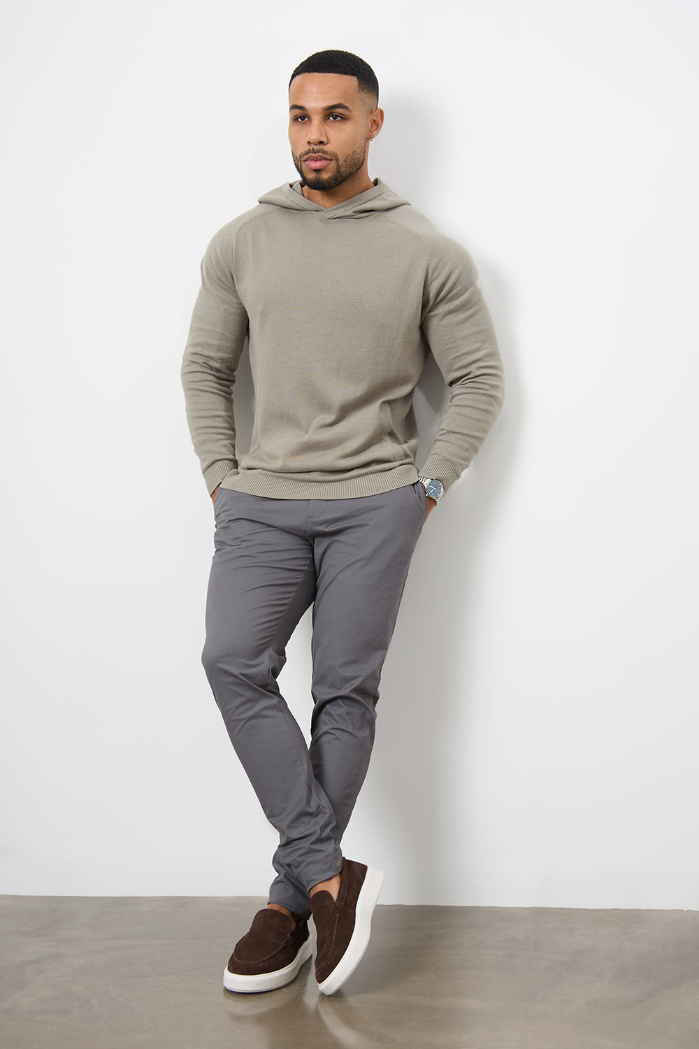 Cotton Knitted Hoodie in Soft Khaki - TAILORED ATHLETE - ROW