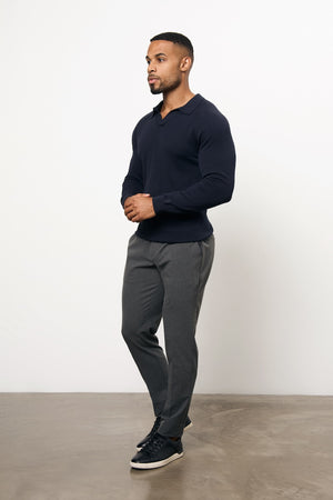 Pure Cotton Knitted Open Collar Polo Shirt in Navy