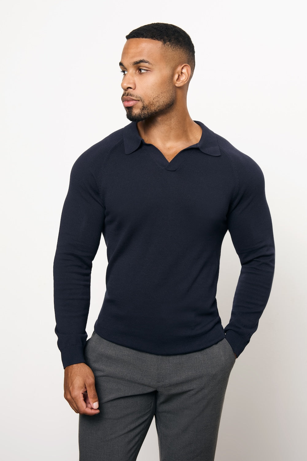Pure Cotton Knitted Open Collar Polo Shirt in Navy