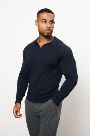 Pure Cotton Knitted Open Collar Polo Shirt in Navy
