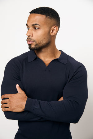 Pure Cotton Knitted Open Collar Polo Shirt in Navy