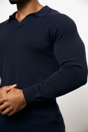 Pure Cotton Knitted Open Collar Polo Shirt in Navy