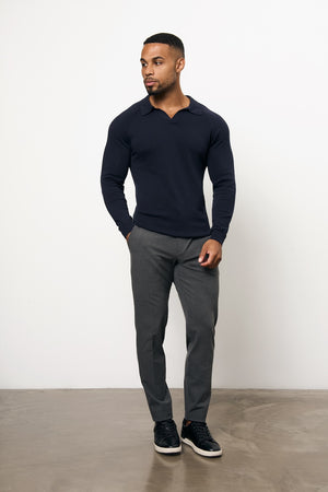 Pure Cotton Knitted Open Collar Polo Shirt in Navy